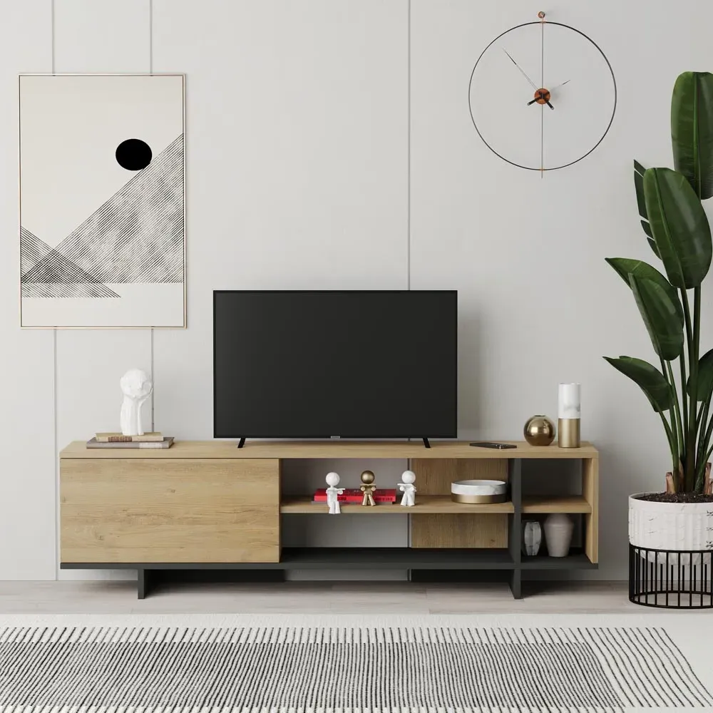 Stockton Single Door 4 Shelf TV Stand - Oak, Anthracite Grey