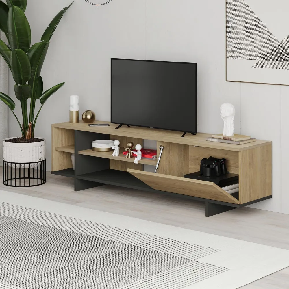 Stockton Single Door 4 Shelf TV Stand - Oak, Anthracite Grey