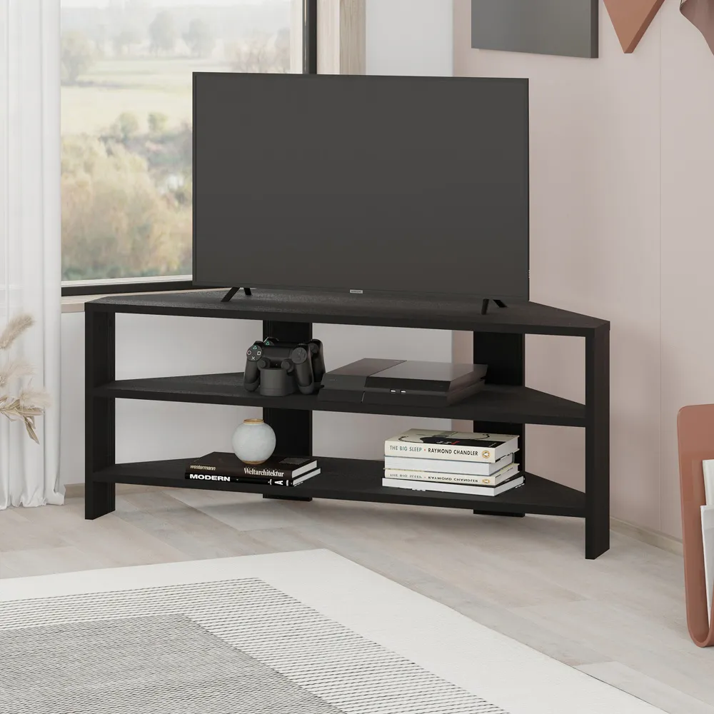 Thales 2 Shelf Corner TV Unit - Black, Wood