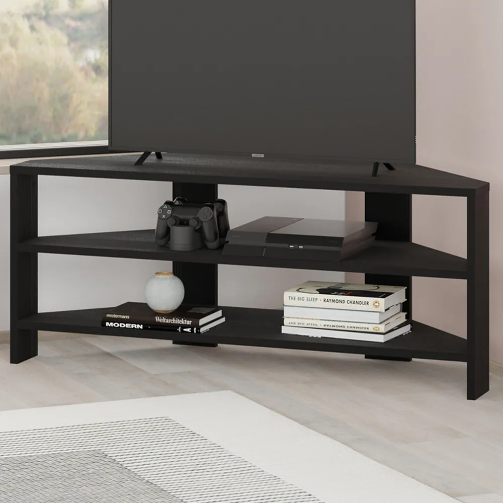 Thales 2 Shelf Corner TV Unit - Black, Wood image