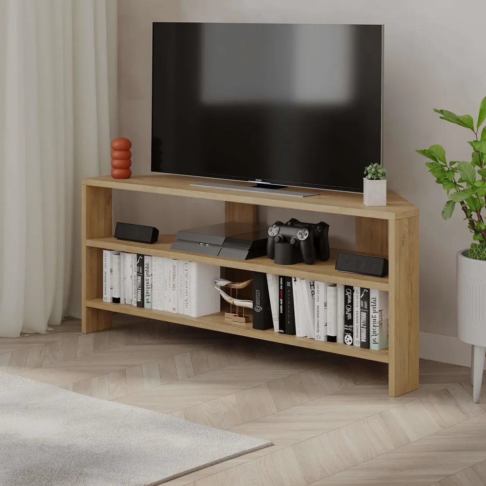 Thales 2 Shelf Corner TV Unit - Cream, Oak