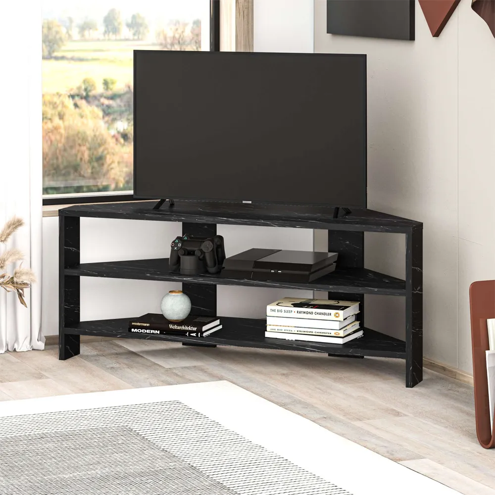 Thales Corner TV Stand with Marble Effect - Black
