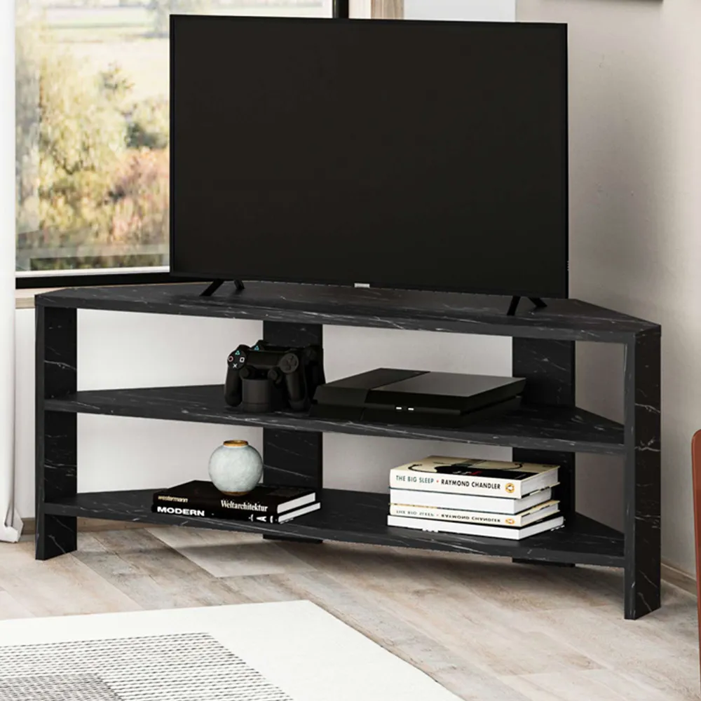Thales Corner TV Stand with Marble Effect - Black image