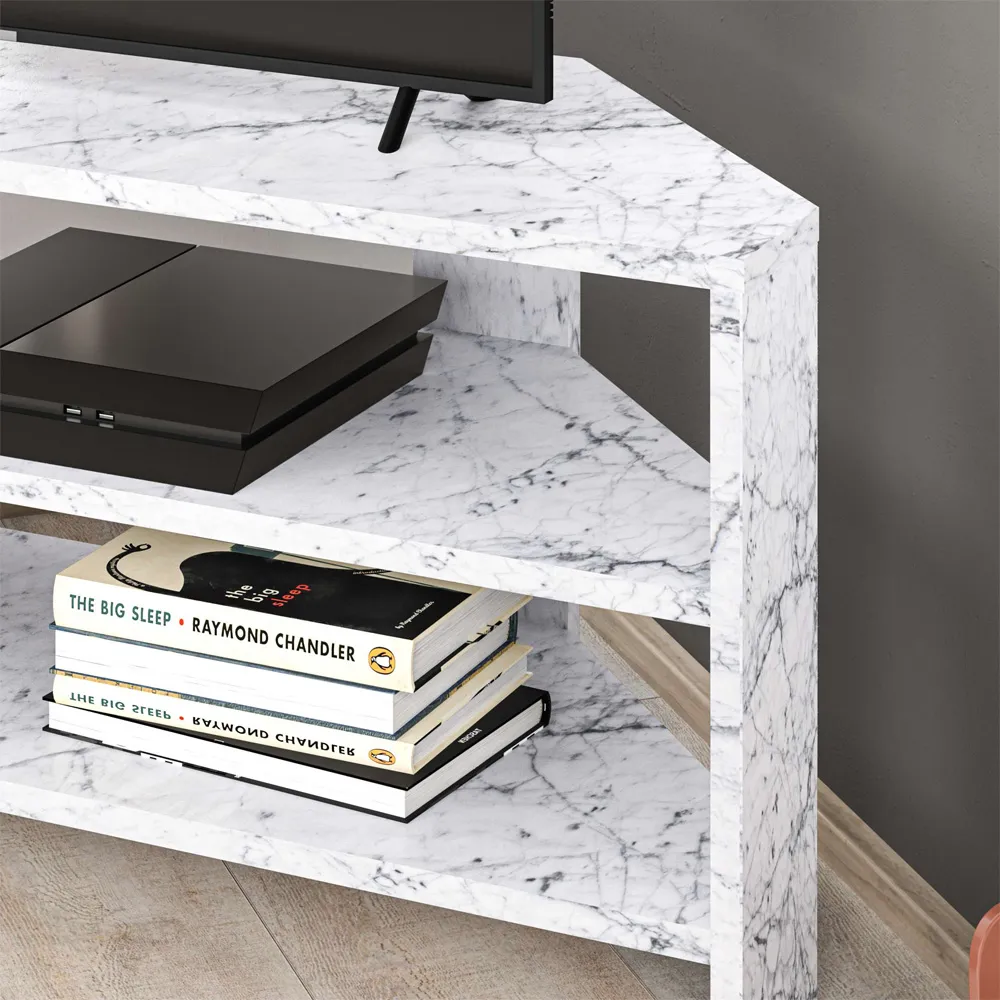 Thales Corner TV Stand with Marble Effect - White