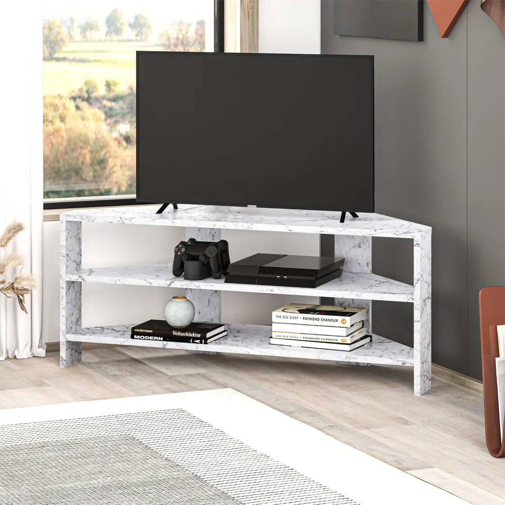 Thales Corner TV Stand with Marble Effect - White