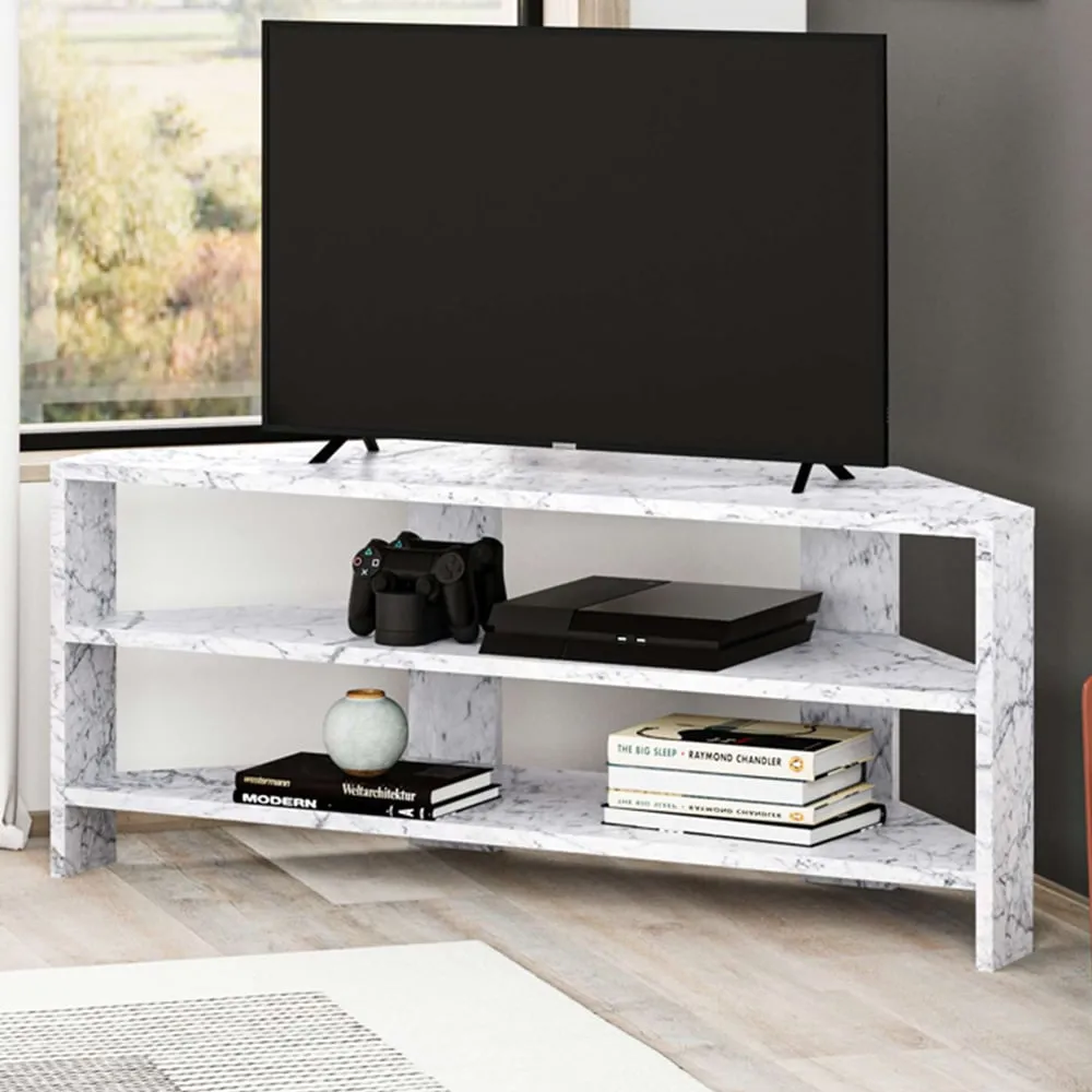 Thales Corner TV Stand with Marble Effect - White