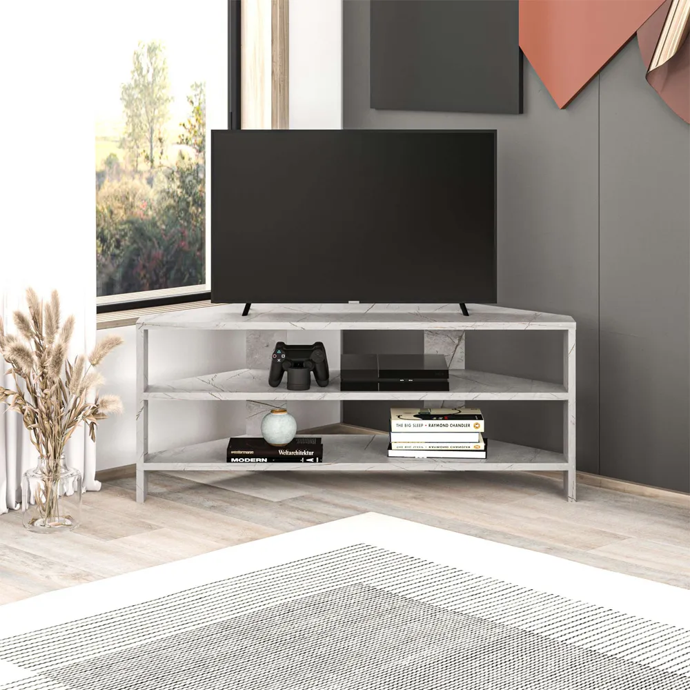 Thales Corner TV Unit with Marble Effect - Gold