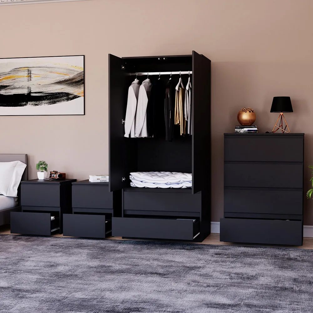 4 Piece Bedroom Furniture Set with Storage - Black