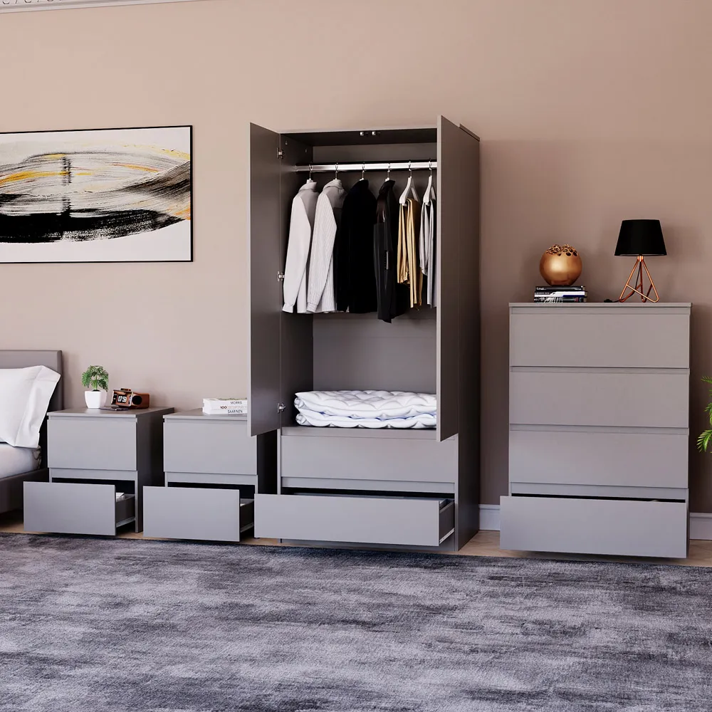 4 Piece Bedroom Furniture Set with Storage - Grey
