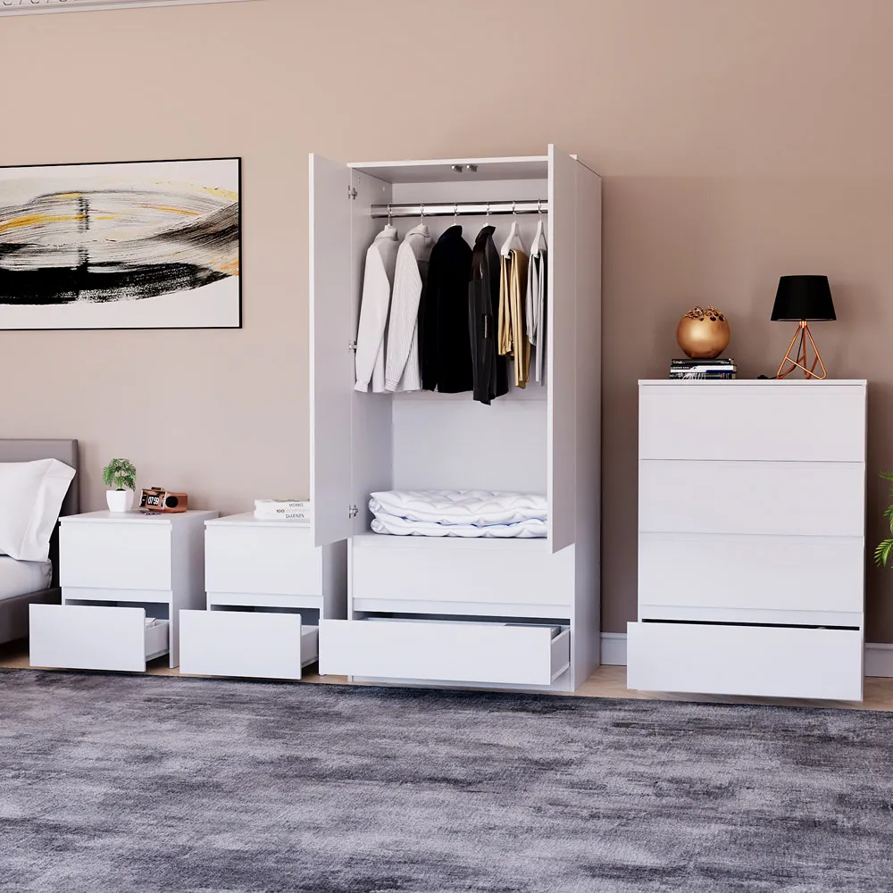 4 Piece Bedroom Furniture Set with Storage - White