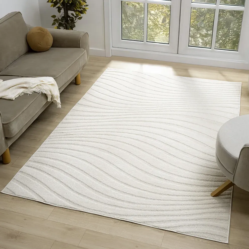 Aya Embossed Waves Area Rug - Cream