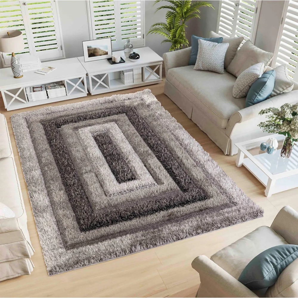 Bordered Shimmer Shaggy Area Rug - Grey, Polyester