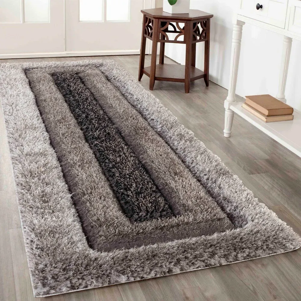 Bordered Shimmer Shaggy Area Rug - Grey, Polyester