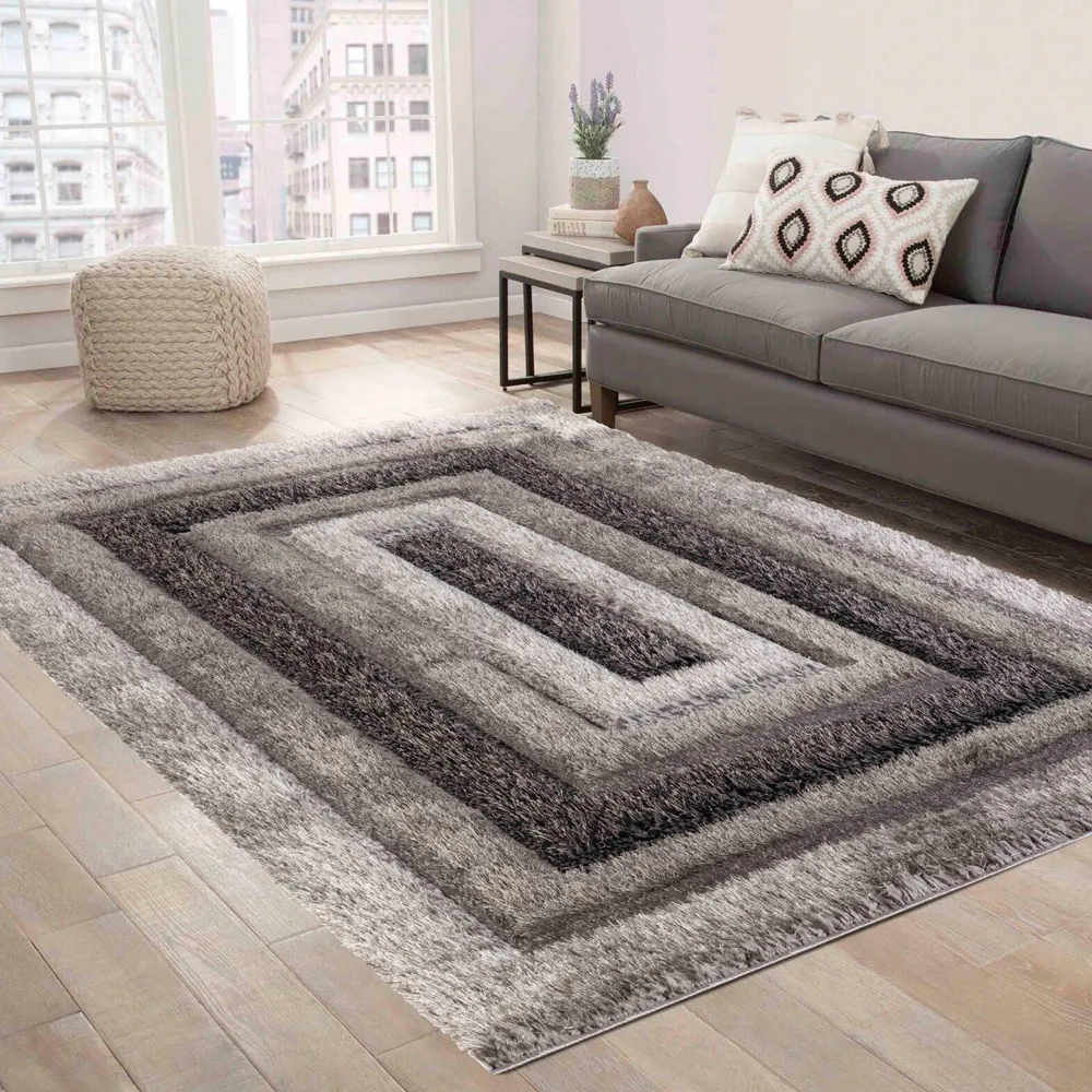 Bordered Shimmer Shaggy Area Rug - Grey, Polyester