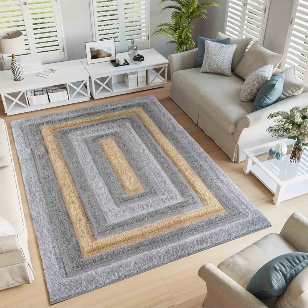 Bordered Shimmer Shaggy Area Rug - Ochre, Polyester