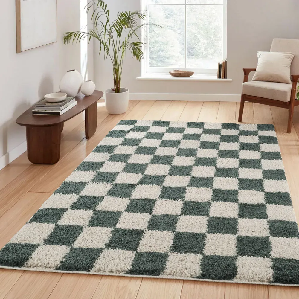 Chester Checkered Shaggy Rug - Jade Green