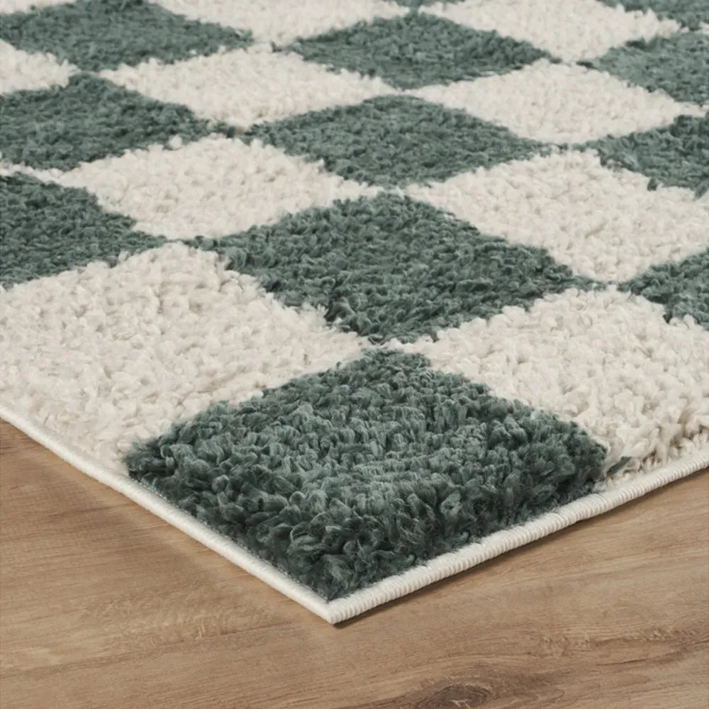 Chester Checkered Shaggy Rug - Jade Green