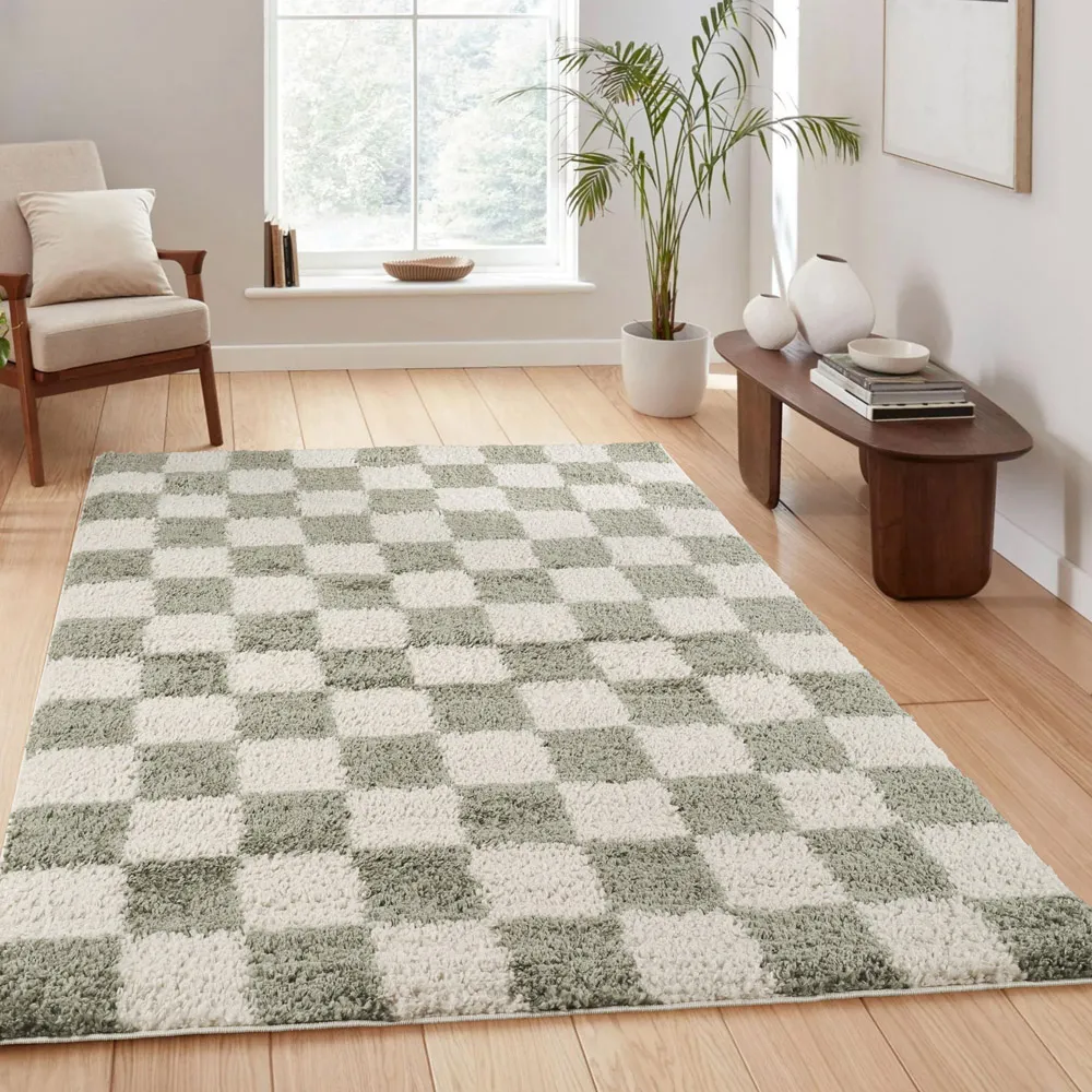 Chester Checkered Shaggy Rug - Sage