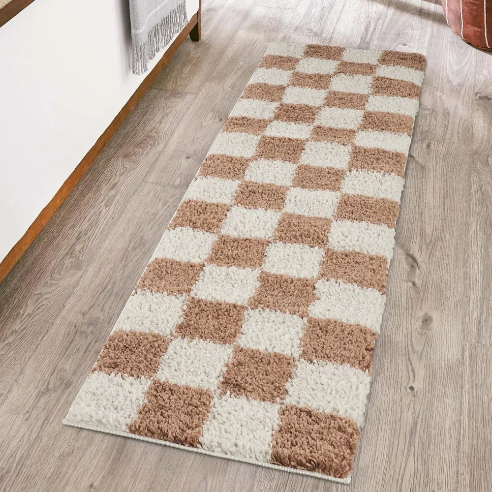 Chester Checkered Shaggy Rug - Terracotta