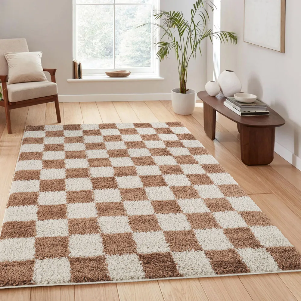 Chester Checkered Shaggy Rug - Terracotta
