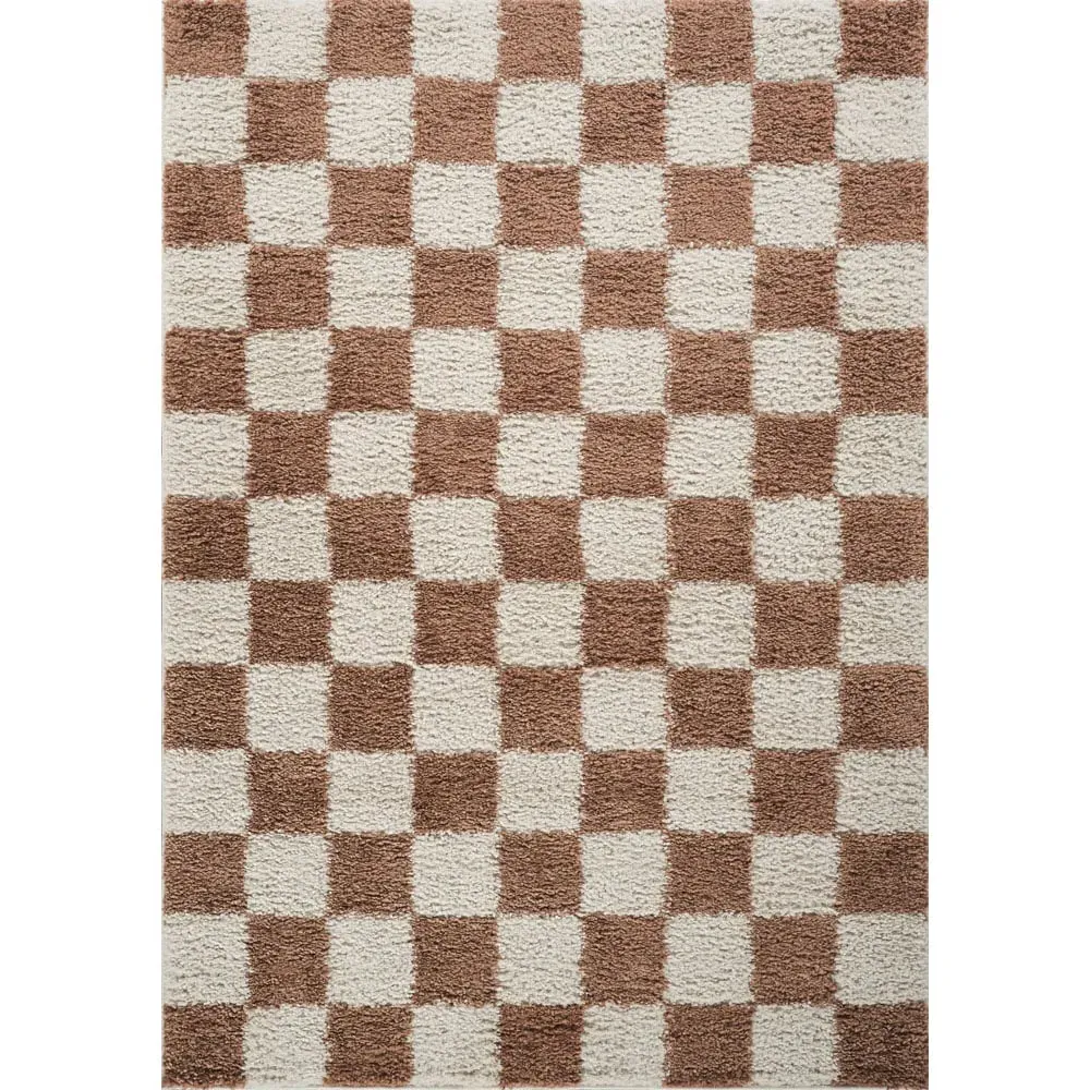 Chester Checkered Shaggy Rug - Terracotta