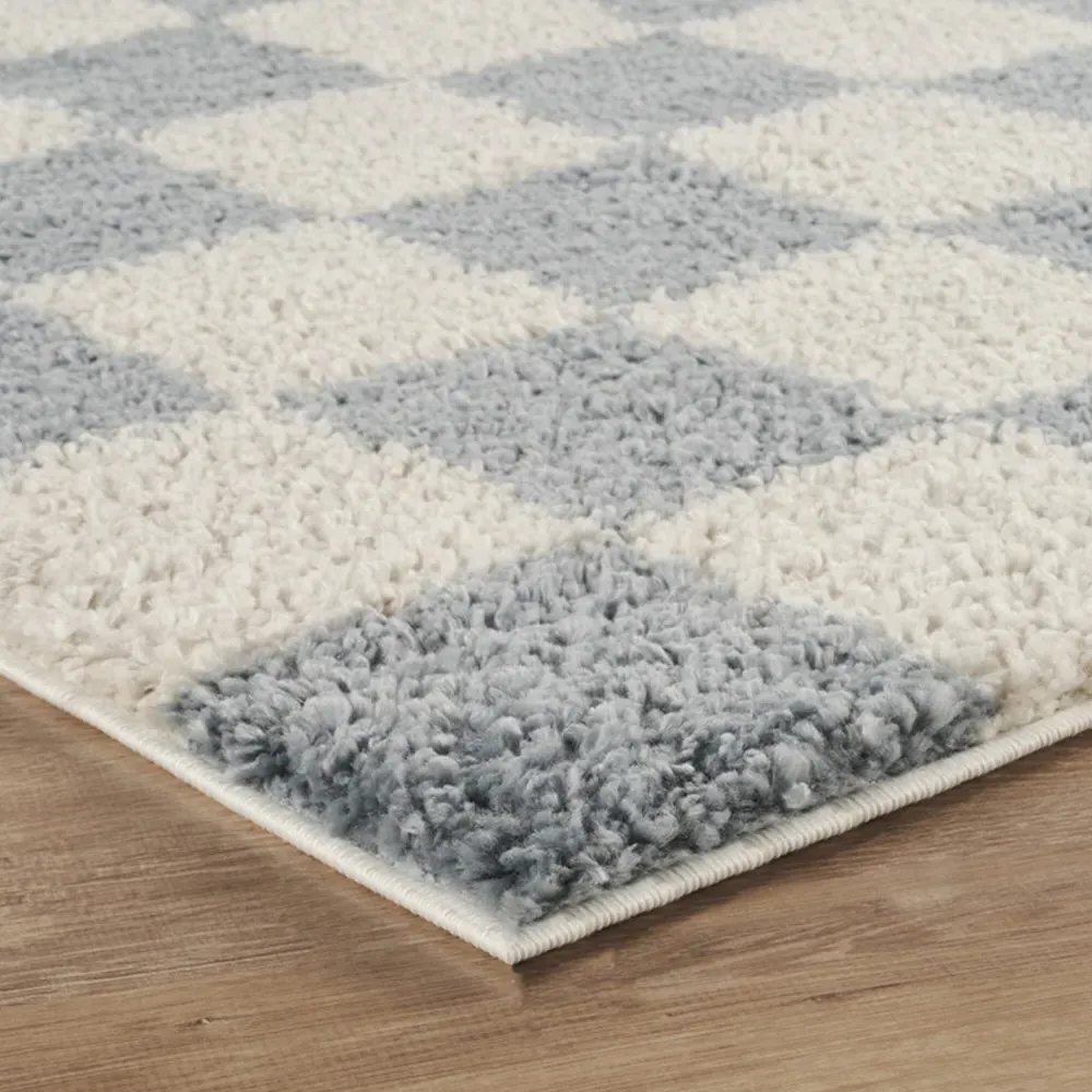 Chester Duck Egg Blue Shaggy Checkered Rug - Blue