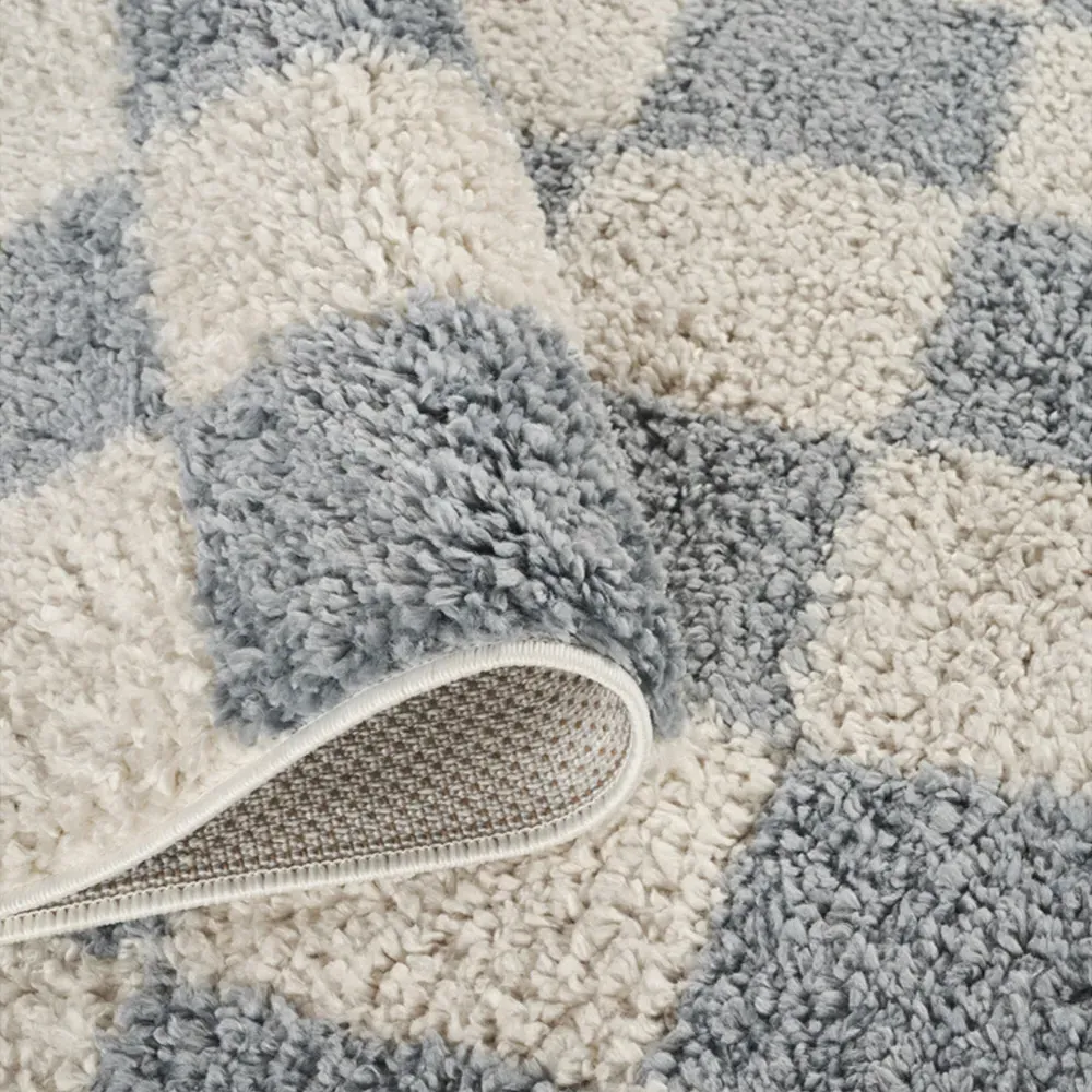Chester Duck Egg Blue Shaggy Checkered Rug - Blue