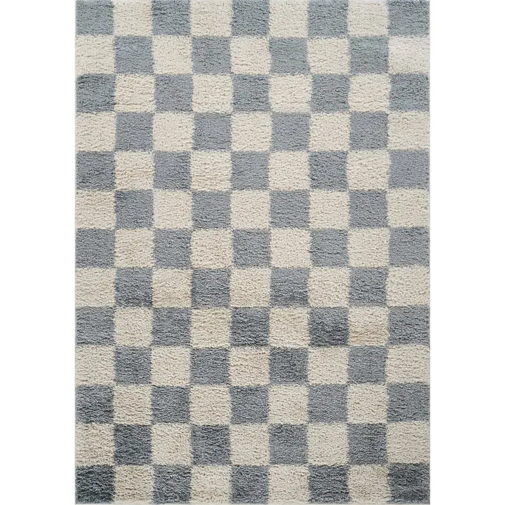 Chester Duck Egg Blue Shaggy Checkered Rug - Blue