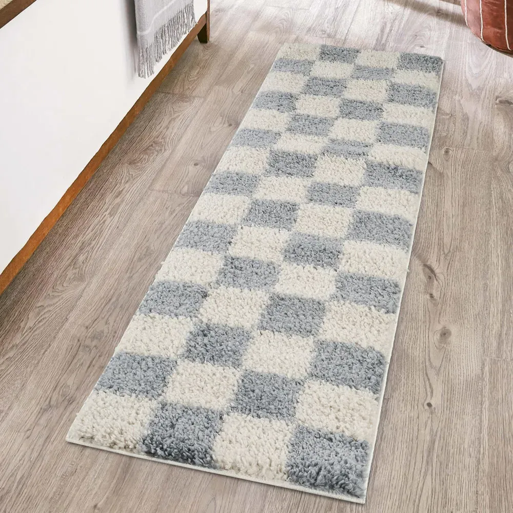 Chester Duck Egg Blue Shaggy Checkered Rug - Blue