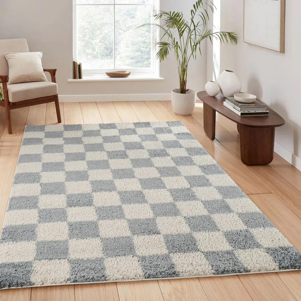 Chester Duck Egg Blue Shaggy Checkered Rug - Blue
