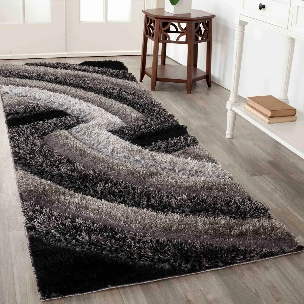 Grey Swirl Shimmer Shaggy Area Rug - Grey, Polyester