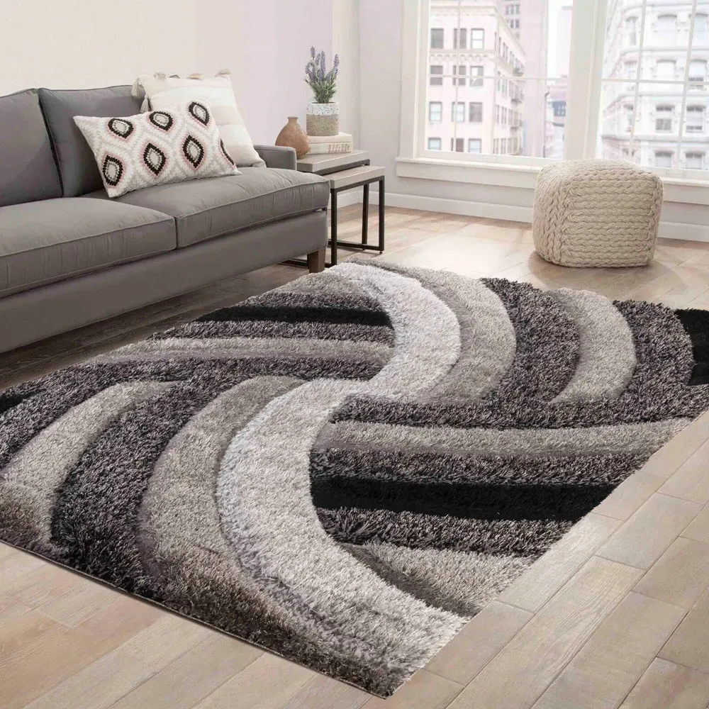 Grey Swirl Shimmer Shaggy Area Rug - Grey, Polyester