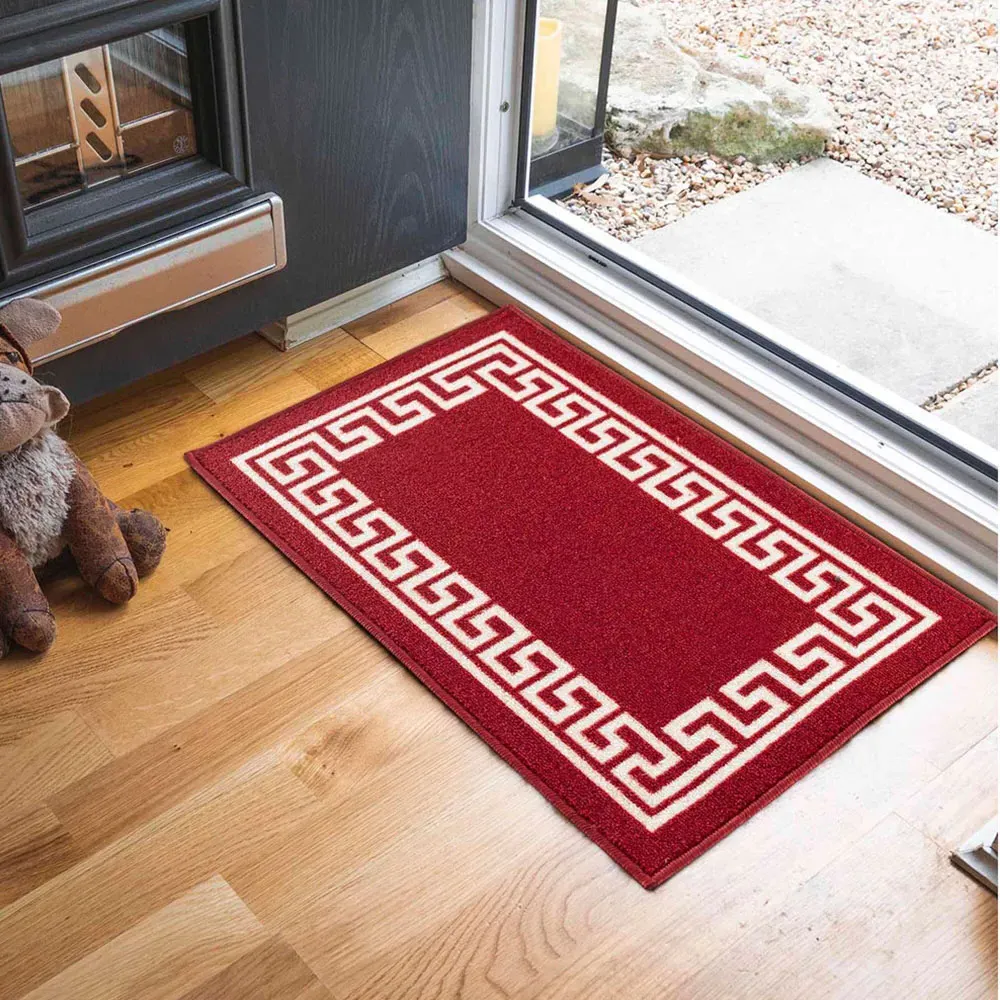 Havana Greek Key Anti Slip Door Mat - Red, Nylon