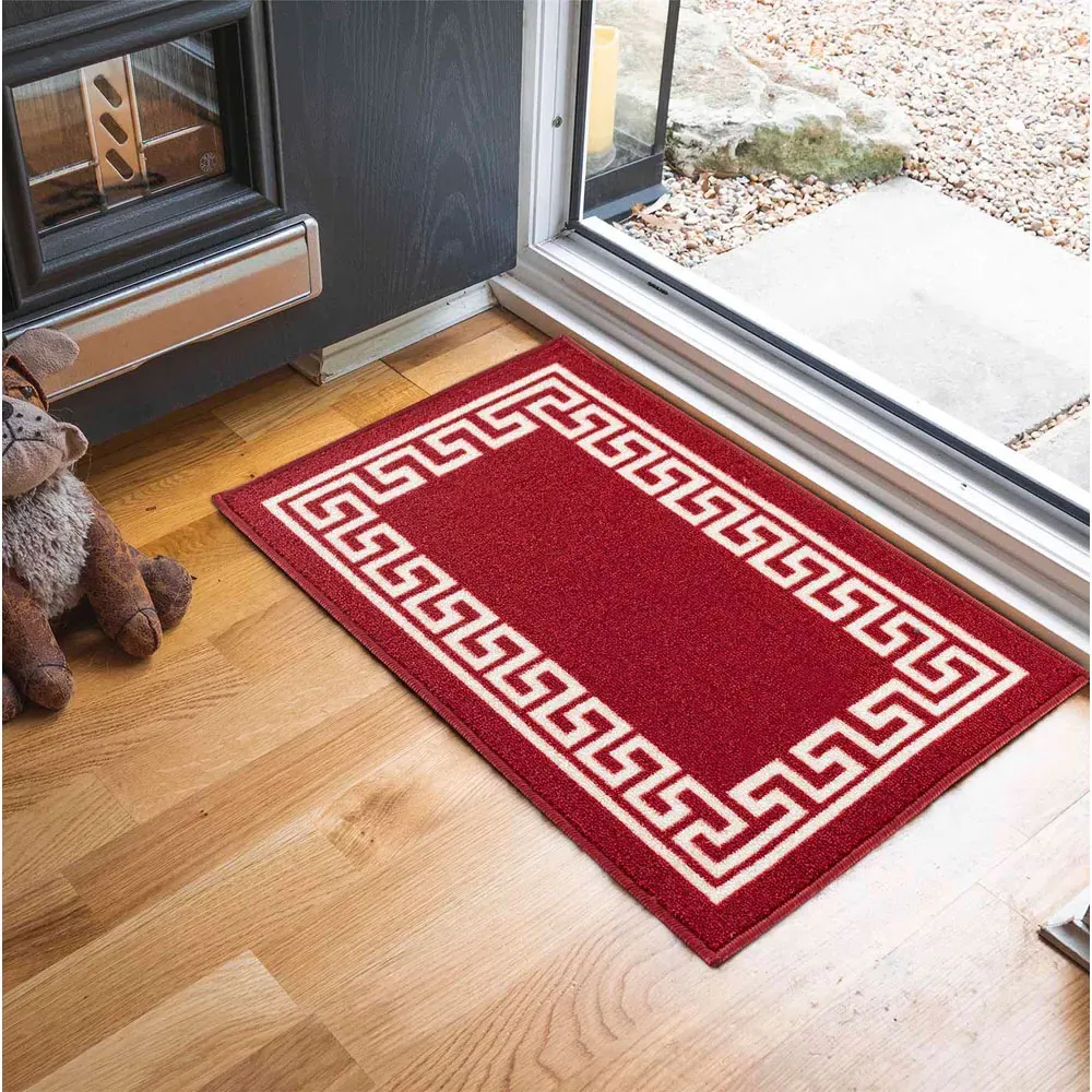 Havana Greek Key Anti Slip Door Mat - Red, Nylon