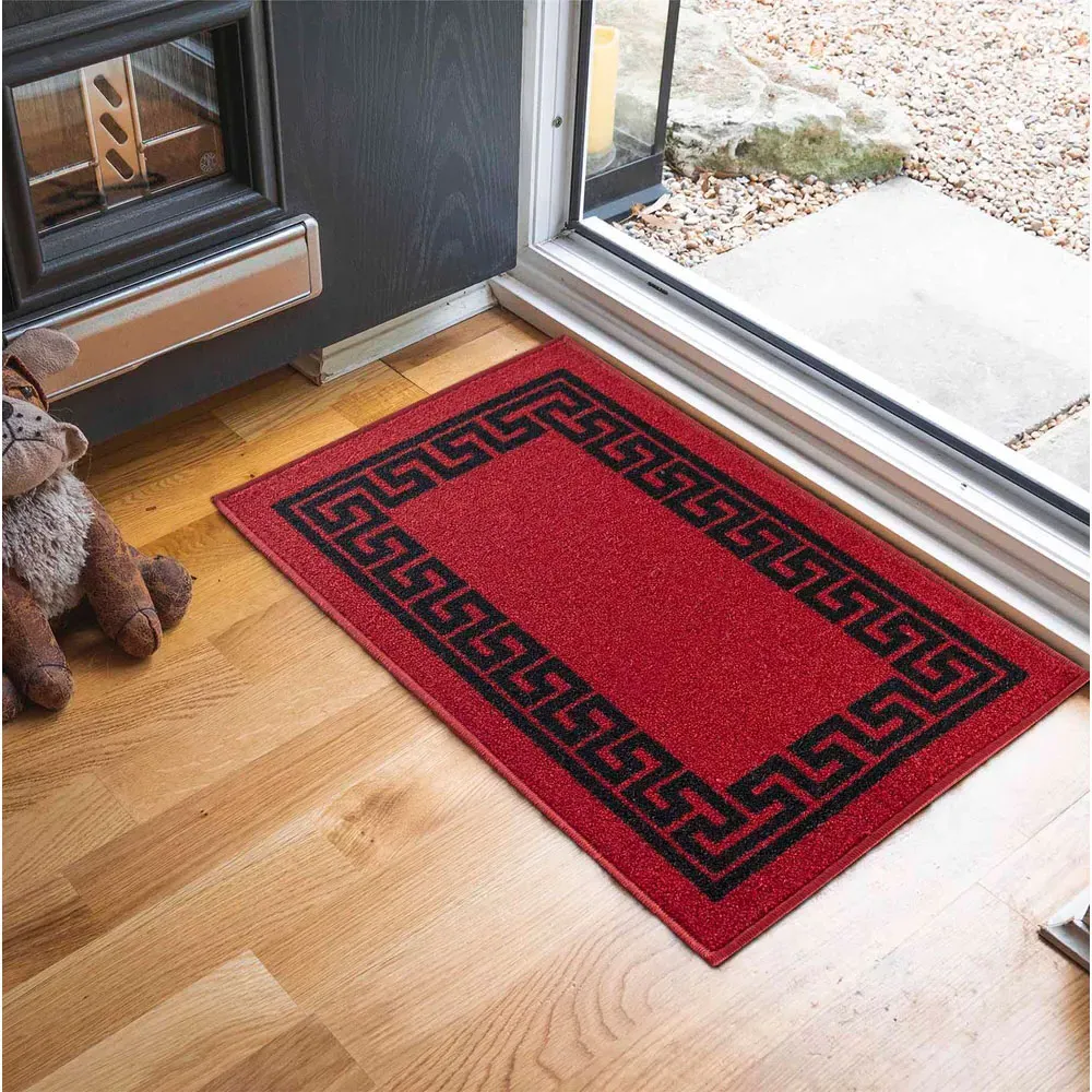 Havana Greek Key Anti Slip Door Mat - Red, Nylon