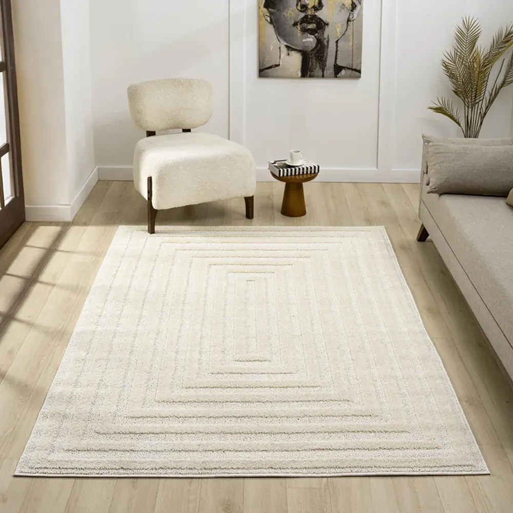 Isabella Embossed Geometric Rectangle Rug - Cream, Polypropylene