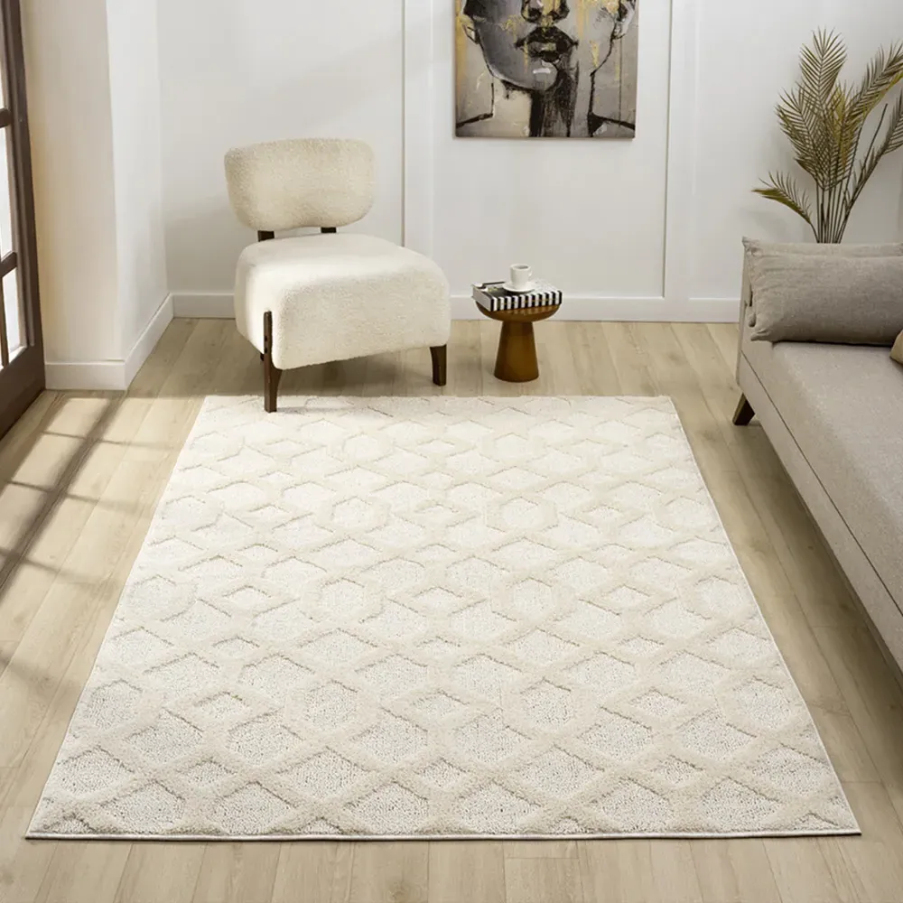 Isabella Embossed Imperial Trellis Rug - Cream, Polypropylene