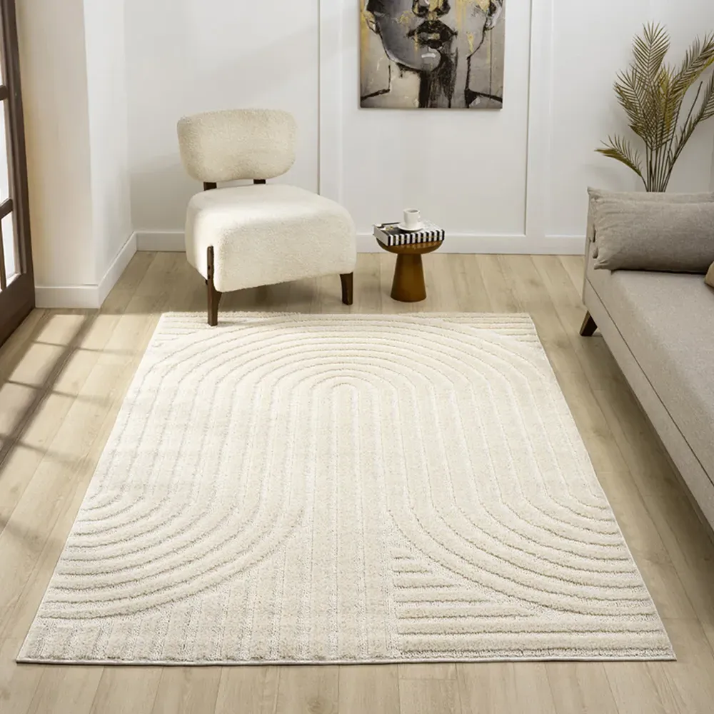 Isabella Embossed Mazia Arch Lines Rug - Cream, Polypropylene