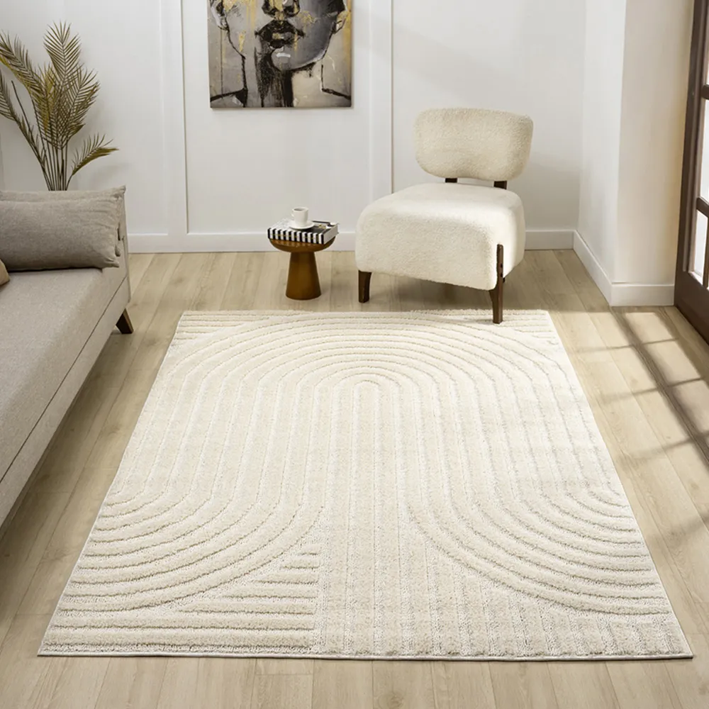 Isabella Embossed Mazia Arch Lines Rug - Cream, Polypropylene