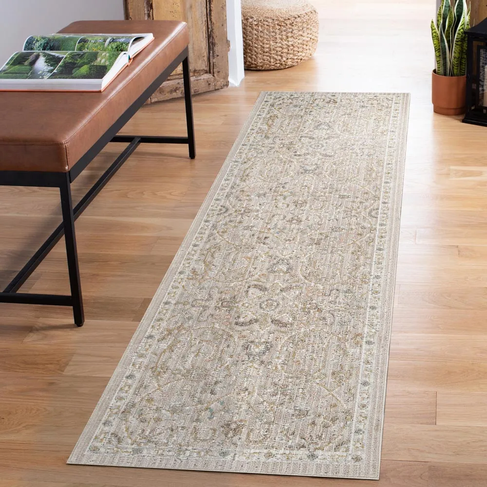 Maia Floral Non Slip Rug - Cream, Polypropylene