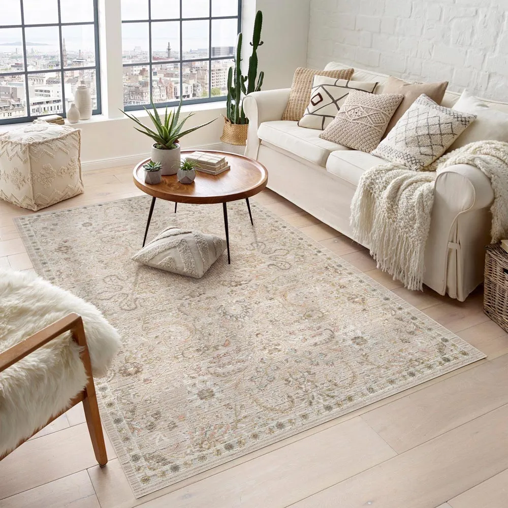 Maia Floral Non Slip Rug - Cream, Polypropylene