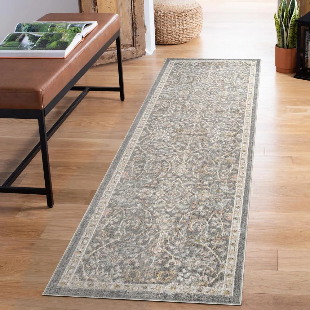 Maia Floral Non Slip Rug - Grey, Polypropylene