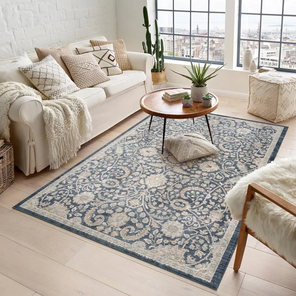 Maia Floral Non Slip Rug - Navy, Polypropylene