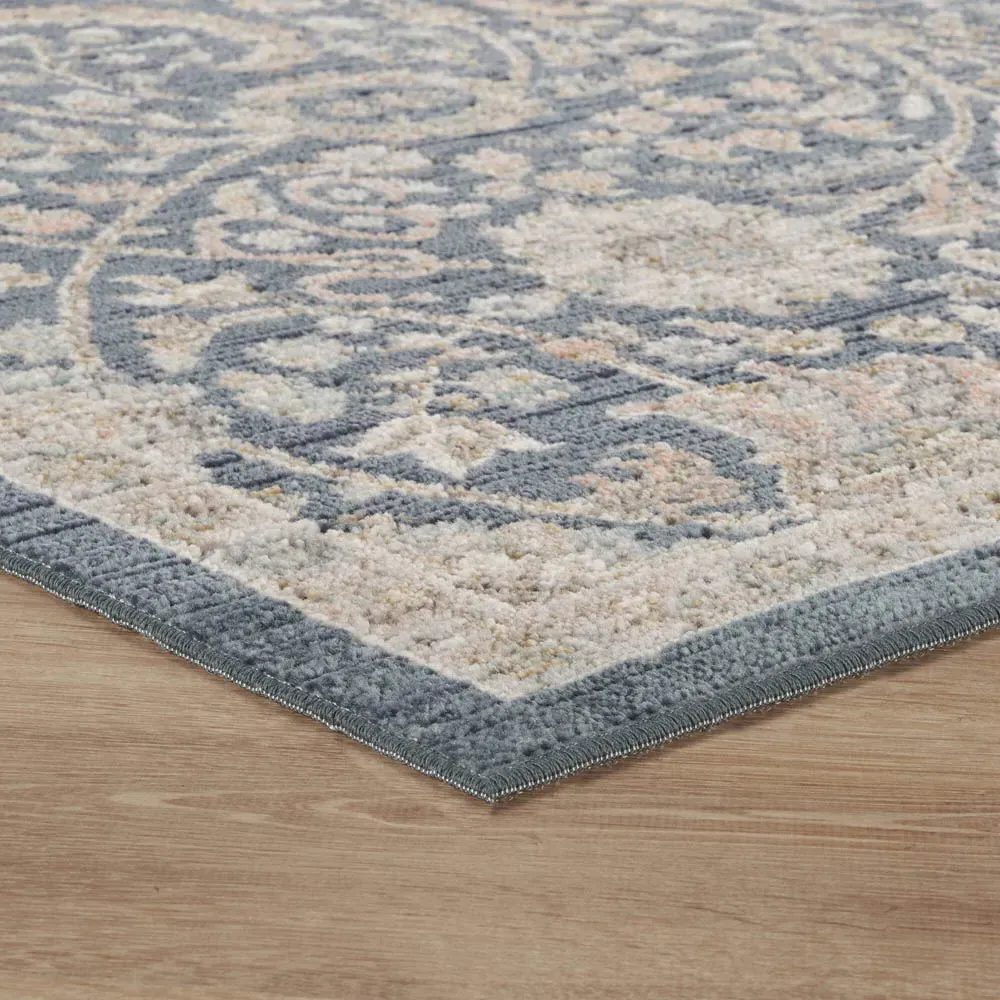 Maia Floral Non Slip Rug - Navy, Polypropylene