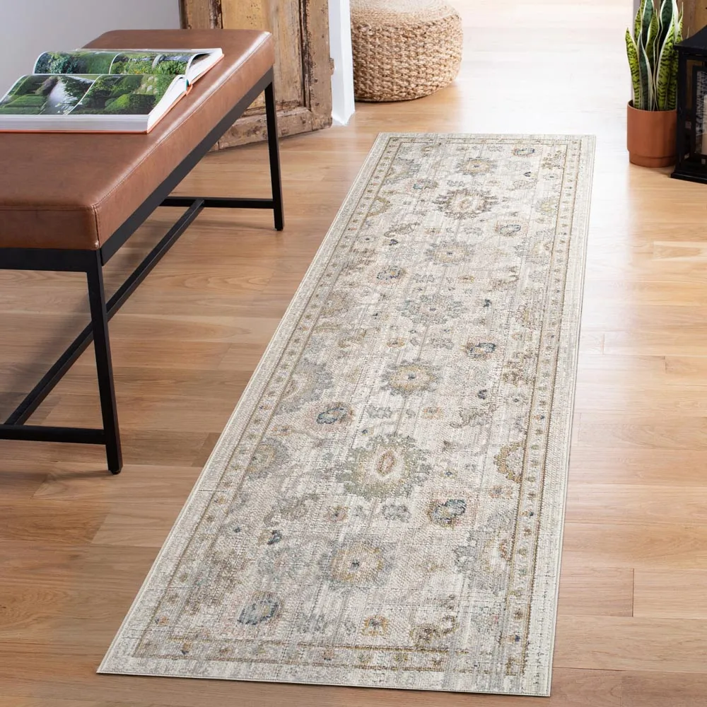 Maia Lagoon Floral Non Slip Rug - Beige, Polypropylene