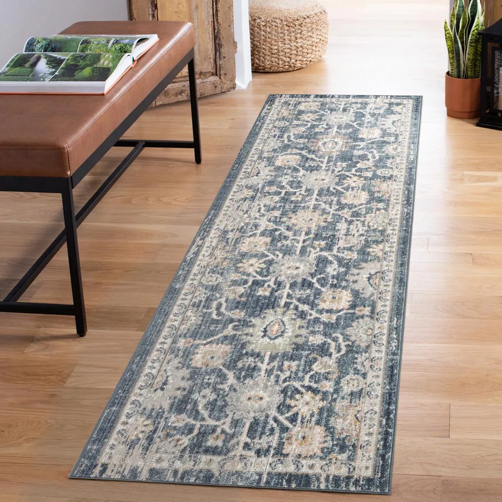 Maia Lagoon Floral Non Slip Rug - Blue, Polypropylene