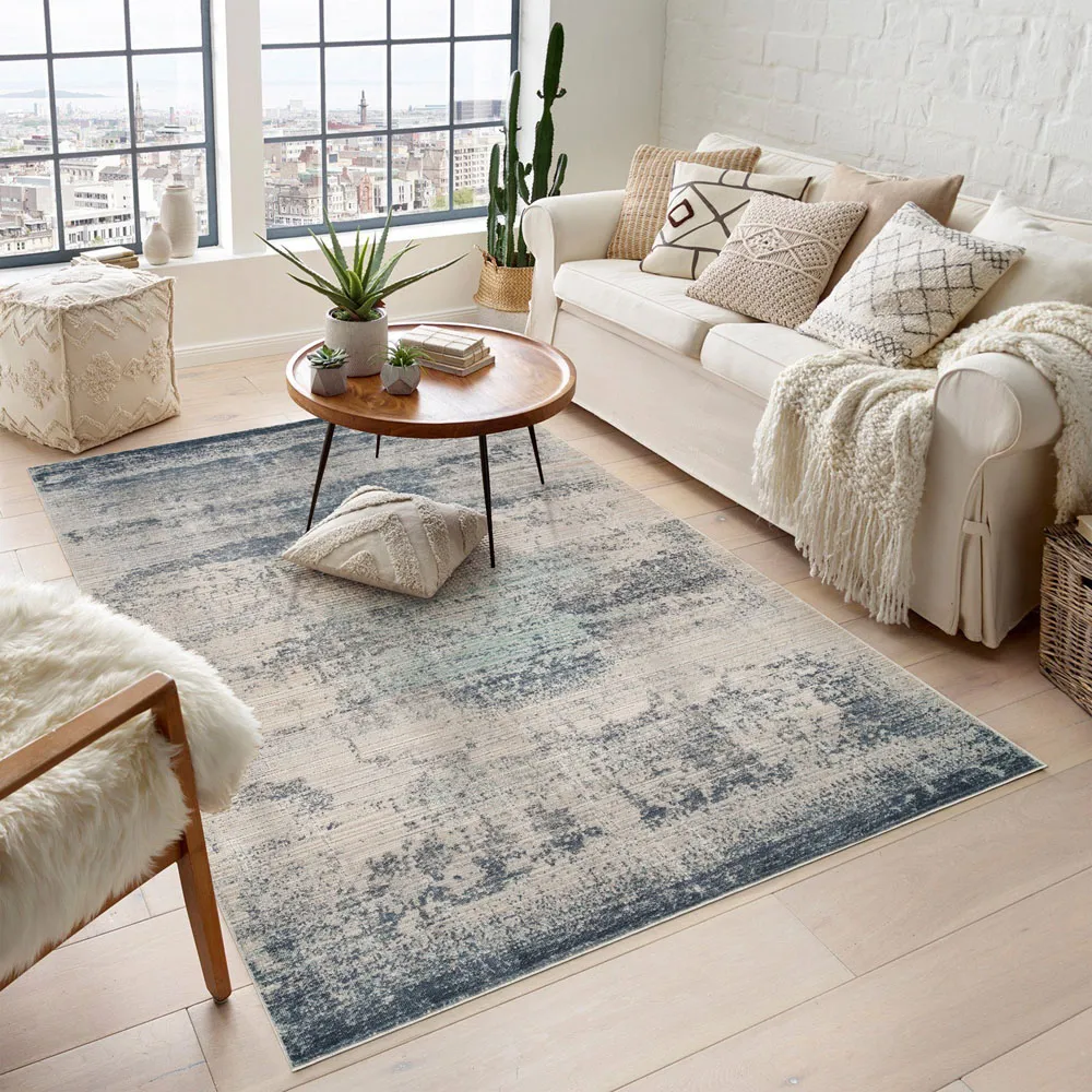 Maia Navy Mist Abstract Non Slip Rug - Navy, Polypropylene