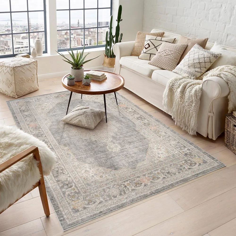 Maia Orchid Floral Non Slip Rug - Grey, Polypropylene