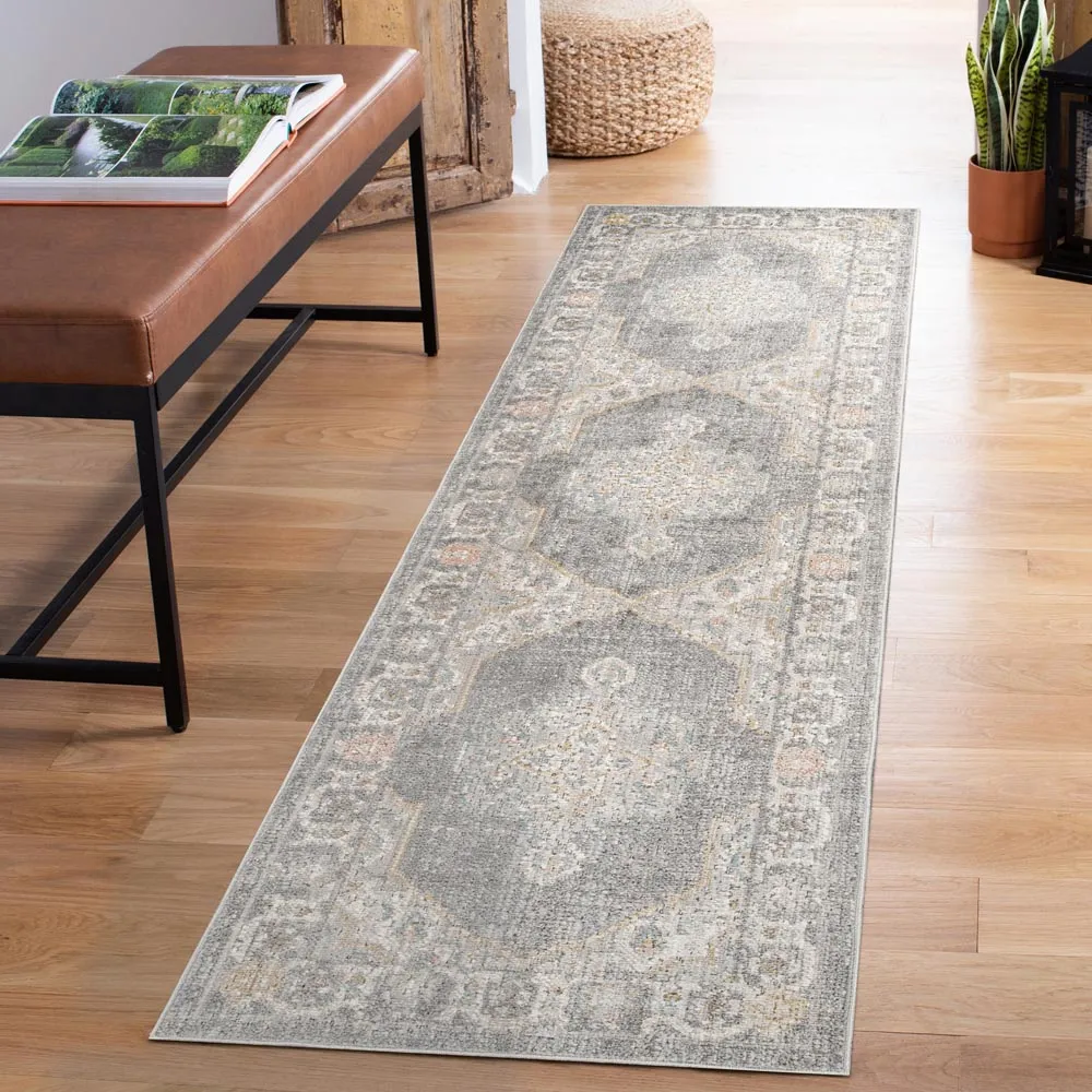 Maia Orchid Floral Non Slip Rug - Grey, Polypropylene