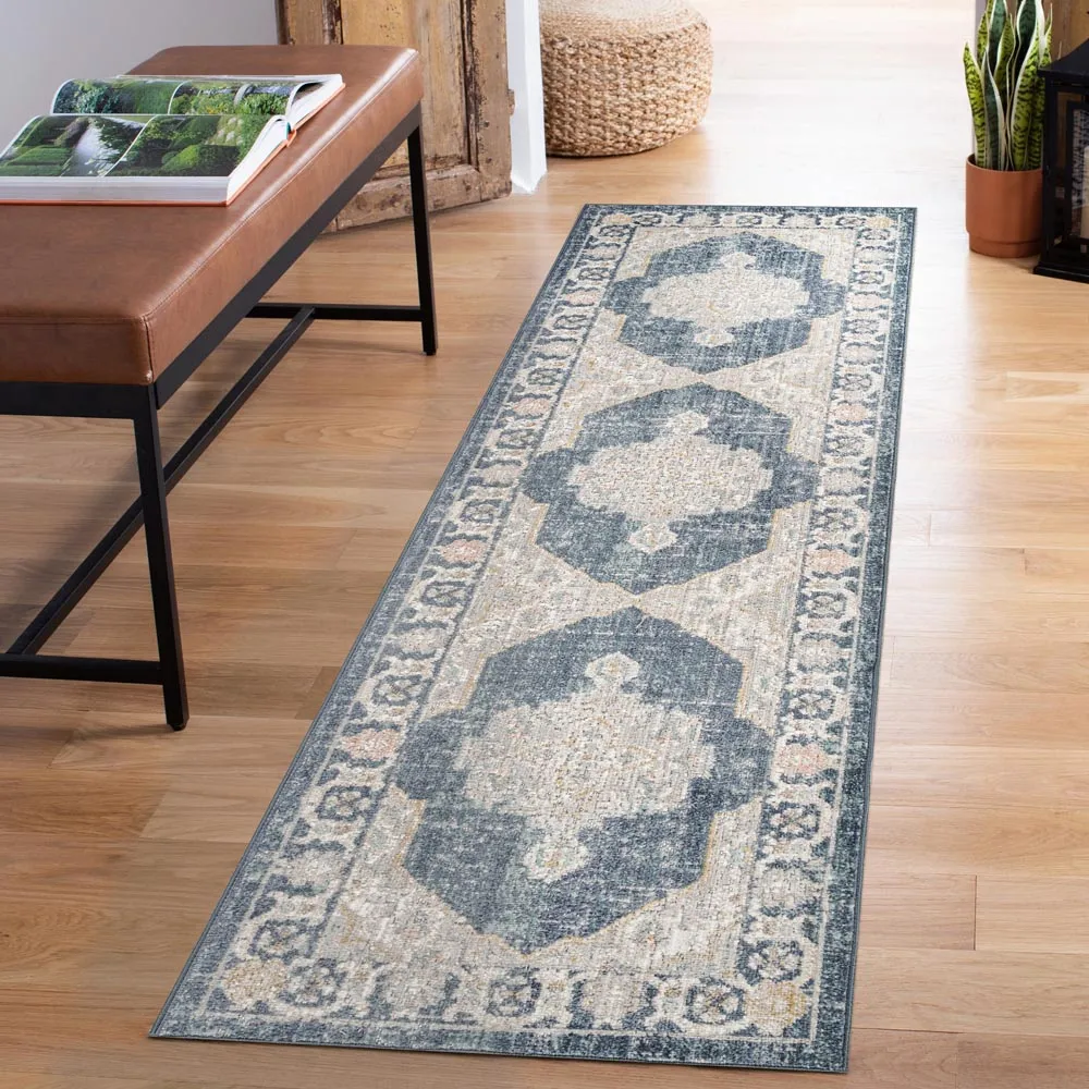 Maia Orchid Floral Non Slip Rug - Navy, Polypropylene